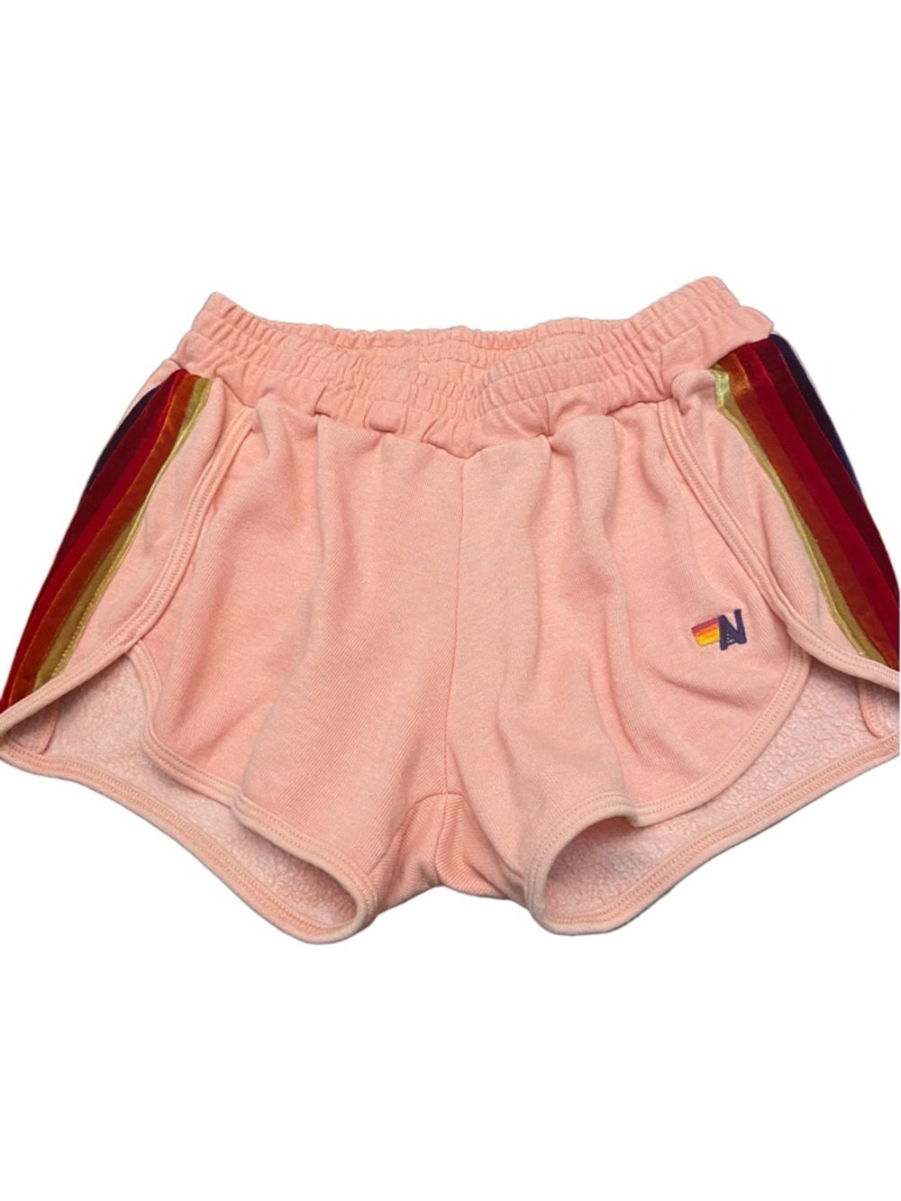 Aviator Nation Pink Terry Athletic Shorts with Retro Rainbow Side Stripes